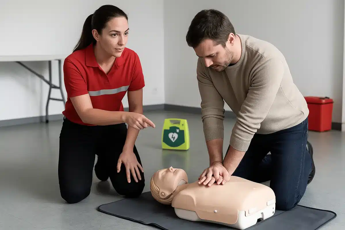Formation SST : formatrice et apprenant en réanimation cardio-pulmonaire avec défibrillateur