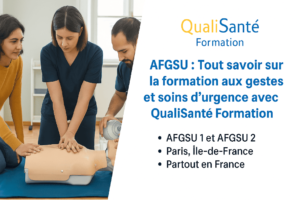 "Formation AFGSU avec QualiSanté : professionnels de santé en formation gestes et soins d’urgence, apprentissage du massage cardiaque et réanimation sur mannequin, sessions AFGSU 1 et AFGSU 2 à Paris, en Île-de-France et partout en France."