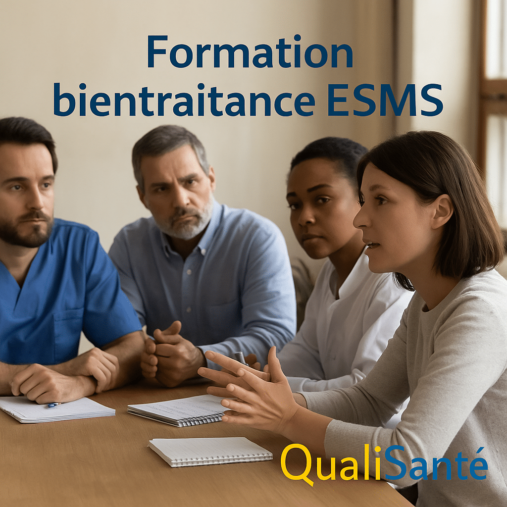 Formation professionnelle en bientraitance ESSMS - professionnels en formation avec logo QualiSanté