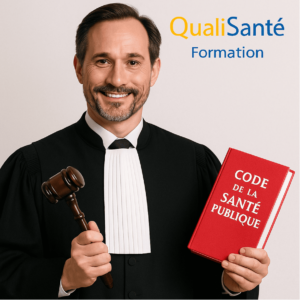 AFGSU 2 obligatoire : illustration QualiSanté Formation avec un avocat tenant un Code de la Santé Publique et un marteau de juge pour symboliser l’obligation réglementaire