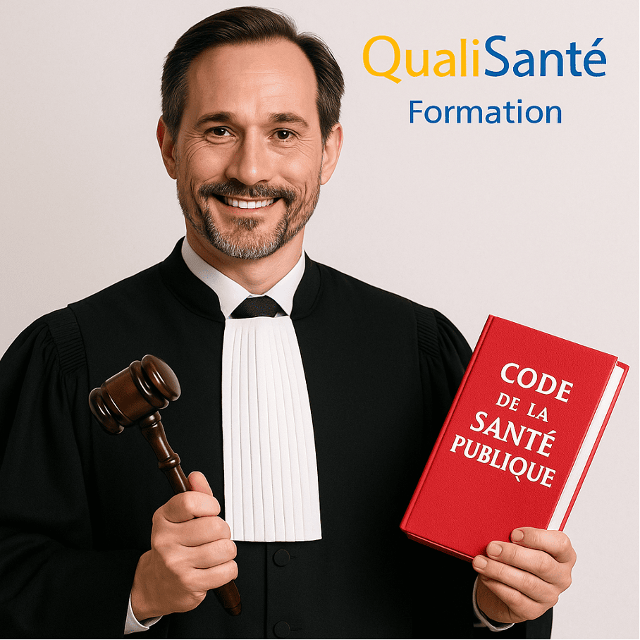 AFGSU 2 obligatoire : illustration QualiSanté Formation avec un avocat tenant un Code de la Santé Publique et un marteau de juge pour symboliser l’obligation réglementaire