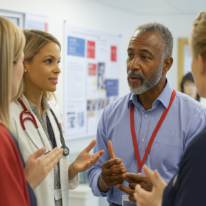 bientraitance :Professionnels de santé en discussion lors d’une formation sur la bientraitance