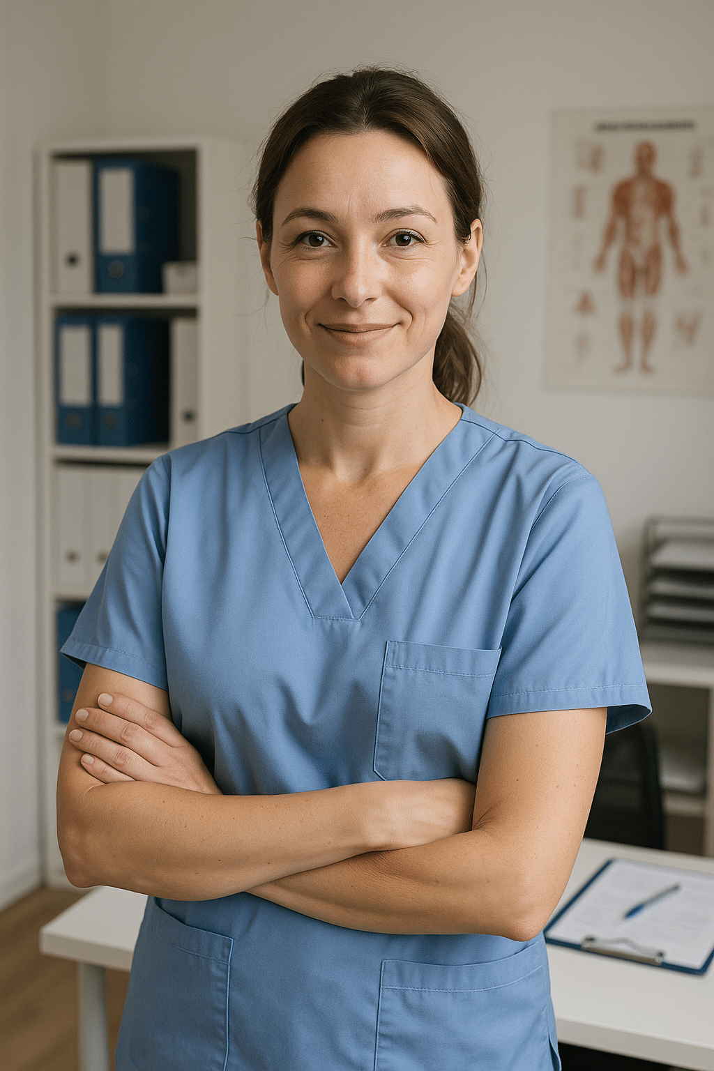 AFGSU 2 et IDEL :Infirmière libérale en blouse bleue, bras croisés, souriante dans un cabinet médical