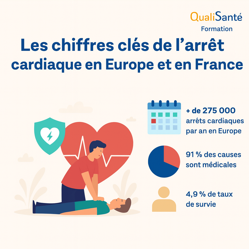 L'arrêt cardiaque, infographie montrant les chiffres clés de l’arrêt cardiaque en Europe et en France en 2025 : gestes de réanimation, défibrillation et statistiques de survie.