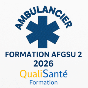 Formation AFGSU 2 ambulanciers et auxiliaires ambulanciers – logo QualiSanté et symbole ambulancier bleu