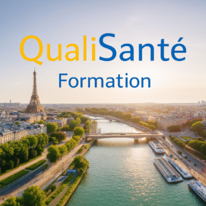Où passer AFGSU 2 à Paris ? QualiSanté — Vue aérienne de Paris avec la Tour Eiffel et la Seine, illustrant la formation AFGSU 2 proposée par QualiSanté Formation, centre de référence en santé et secourisme.
