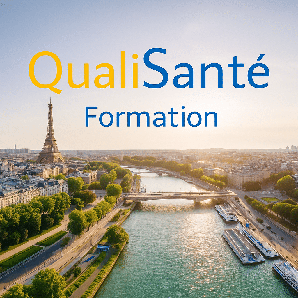 Où passer AFGSU 2 à Paris ? QualiSanté — Vue aérienne de Paris avec la Tour Eiffel et la Seine, illustrant la formation AFGSU 2 proposée par QualiSanté Formation, centre de référence en santé et secourisme.