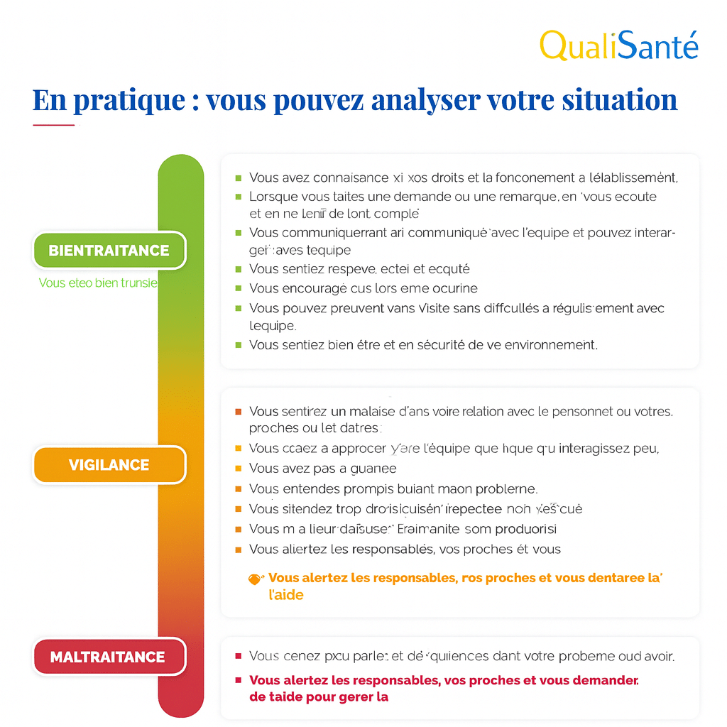 Formation bientraitance et prévention de la maltraitance : échelle Bientraitance – Vigilance – Maltraitance utilisée par QualiSanté pour analyser les situations dans les ESSMS.