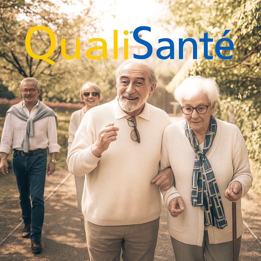 conseil de la vie sociale en EHPAD – personnes âgées marchant ensemble dans un jardin, image illustrée avec le logo QualiSanté
