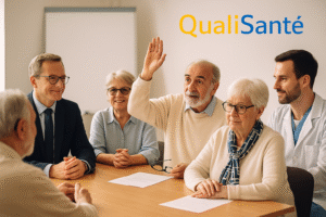CVS et évaluation HAS, réunion participative avec résidents, soignant et représentant en costume lors d’un conseil de la vie sociale, un membre lève la main pour intervenir, ambiance bienveillante et logo QualiSanté.
