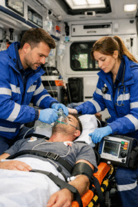 Recyclage AFGSU 2 Ambulancier deux ambulanciers en veste bleue prennent en charge un patient allongé sur un brancard à l’intérieur d’une ambulance médicalisée.