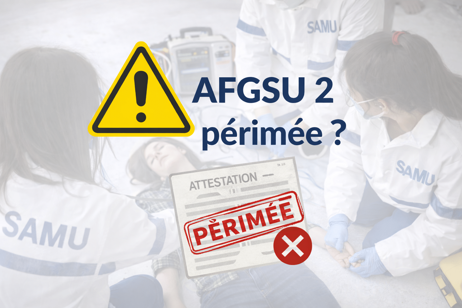 AFGSU 2 périmée illustrant une attestation expirée et une situation d’urgence, rappelant l’obligation de renouveler la formation aux gestes et soins d’urgence.