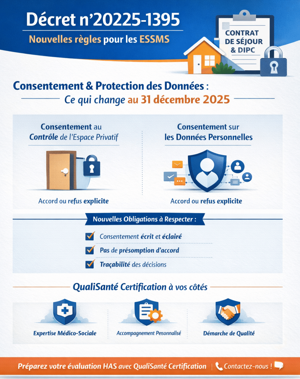 Contrat de séjour et DIPC dans les ESSMS : nouvelles obligations de consentement et protection des données selon le décret n°2025-1395 et les exigences de l’évaluation HAS
