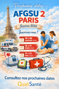 Prochaines dates AFGSU 2 des prochaines sessions AFGSU 2 à Paris en 2026 – janvier, mars et mai – proposées par QualiSanté, organisme de formation certifié Qualiopi