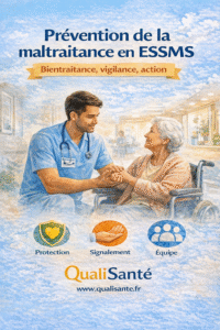 Prévention de la maltraitance en ESSMS : soignant tenant la main d'une personne âgée en fauteuil roulant, illustrant la bientraitance, le signalement et l'accompagnement d'équipe — QualiSanté