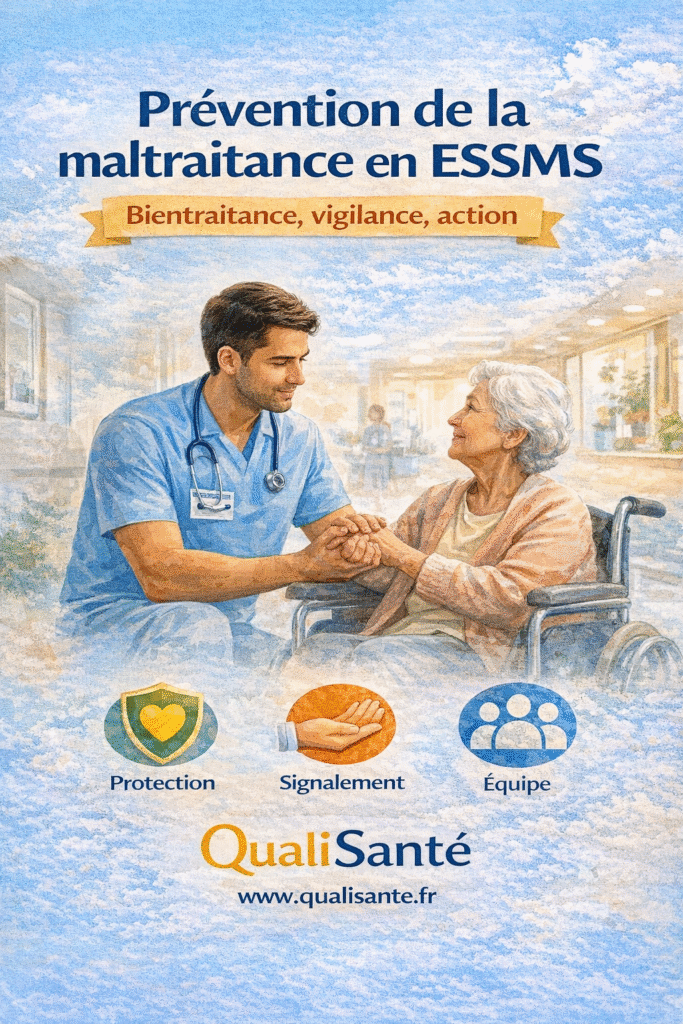 Prévention de la maltraitance en ESSMS : soignant tenant la main d'une personne âgée en fauteuil roulant, illustrant la bientraitance, le signalement et l'accompagnement d'équipe — QualiSanté