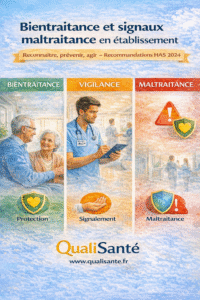 Bientraitance et gestion des signaux de maltraitance en établissement : trois niveaux bientraitance, vigilance et maltraitance illustrés — protection, signalement et alerte — recommandations HAS 2024 par QualiSanté