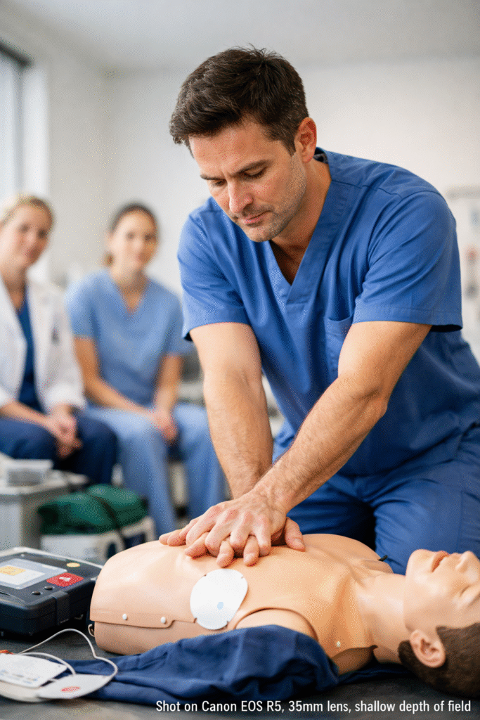 Arrêt cardiaque extrahospitalier professionnel de santé en scrubs bleus pratiquant un massage cardiaque externe sur mannequin lors d'une formation AFGSU 2, défibrillateur DAE visible au premier plan, participants en arrière-plan