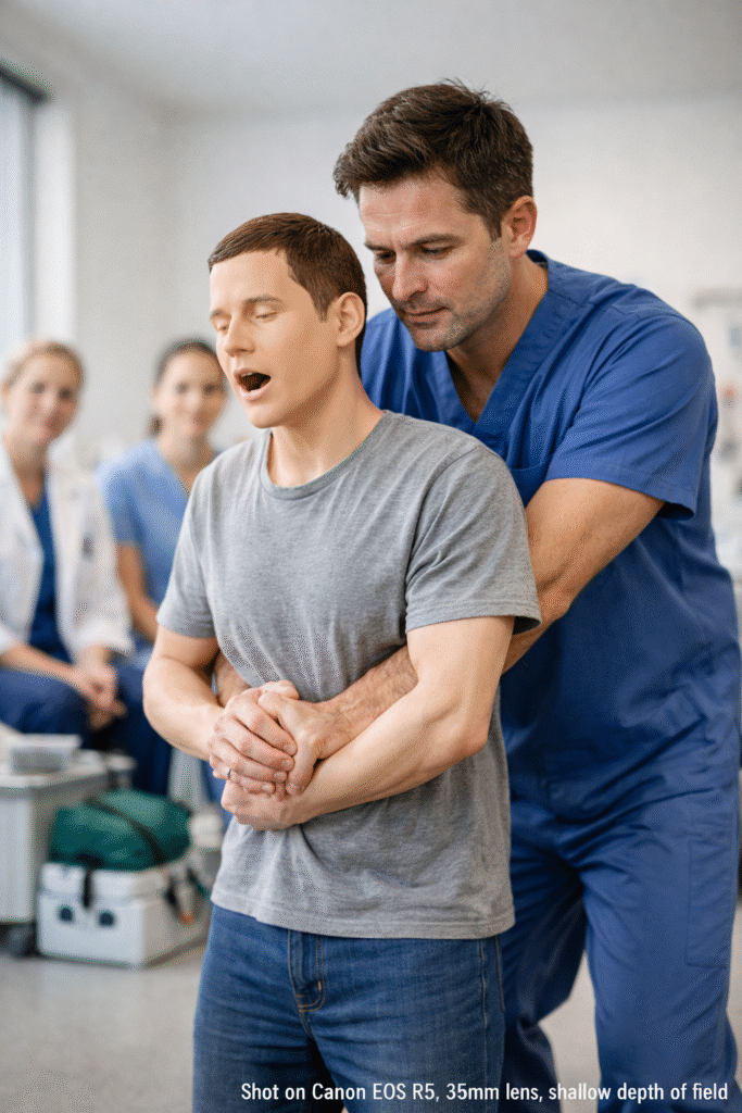 Fausse route Professionnel de santé en scrubs bleus pratiquant la manœuvre de Heimlich sur un patient en formation AFGSU 2, participants en arrière-plan dans une salle de simulation médicale