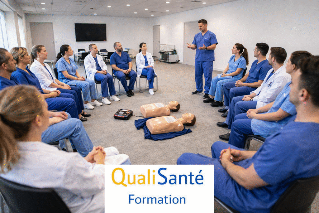 Formation afgsu 2 intra-établissement ParisFormateur AFGSU 2 animant une session intra-établissement en cercle avec une équipe de professionnels de santé en scrubs et blouses blanches, mannequins de RCP et DAE au centre de la salle