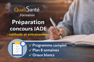 Préparation concours IADE : visuel QualiSanté Formation montrant une personne qui prend des notes avec les mentions programme complet, plan 8 semaines et oraux blancs.