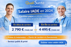 Salaire IADE : infographie montrant combien gagne un infirmier anesthésiste en début et en fin de carrière en France.