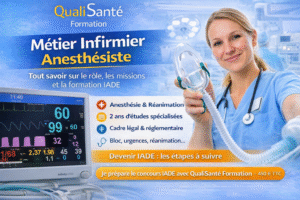 Métier infirmier anesthésiste : infirmière anesthésiste tenant un masque d’anesthésie devant un moniteur de surveillance au bloc opératoire.