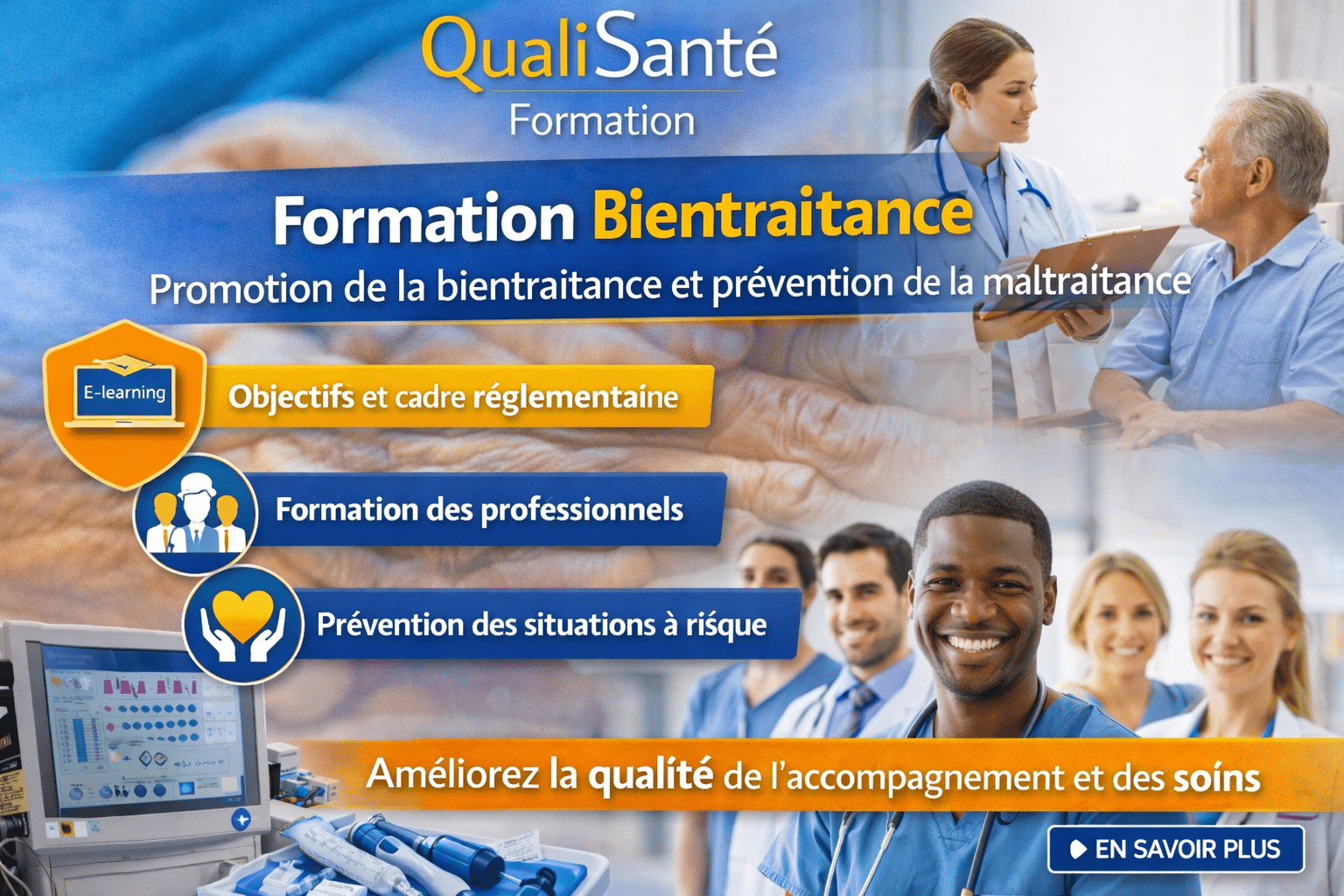 Quels sont les 7 types de maltraitance ? : illustration de la bientraitance avec un professionnel accompagnant une personne âgée dans un contexte de soins.