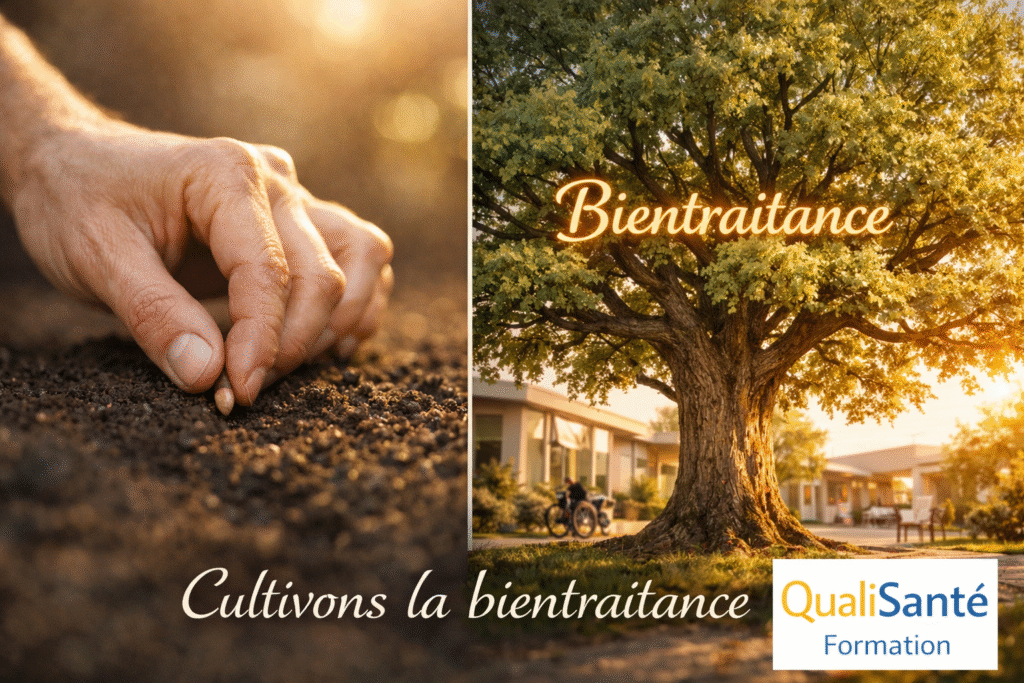 Qui forme à la bientraitance ? Visuel illustrant la formation à la bientraitance avec des mains plantant une graine, un arbre symbolisant le développement des bonnes pratiques et le logo QualiSanté Formation.