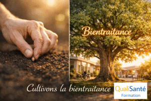 Qui forme à la bientraitance ? Visuel illustrant la formation à la bientraitance avec des mains plantant une graine, un arbre symbolisant le développement des bonnes pratiques et le logo QualiSanté Formation.