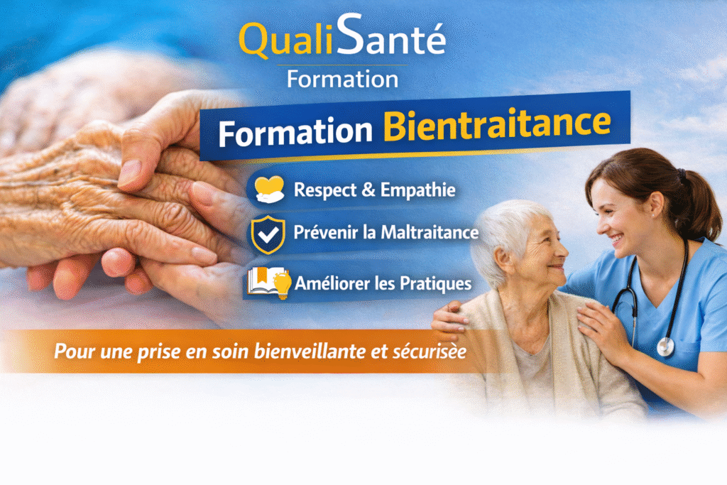 Trouver une formation bientraitance : professionnel accompagnant une personne âgée en tenant ses mains dans un geste d’écoute et de respect.