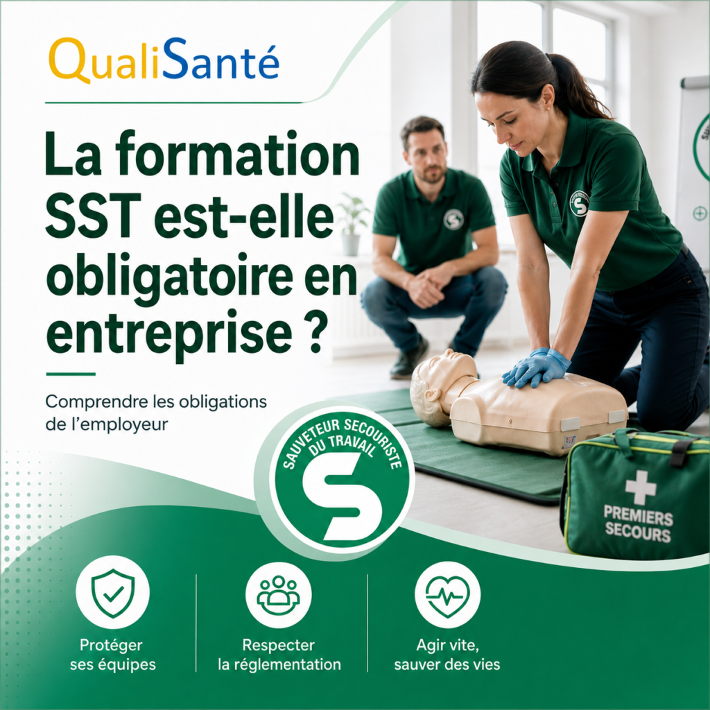 La formation SST est-elle obligatoire en entreprise ? Illustration QualiSanté sur la formation SST en entreprise avec mise en situation de secourisme au travail, massage cardiaque sur mannequin et logo Sauveteur Secouriste du Travail.