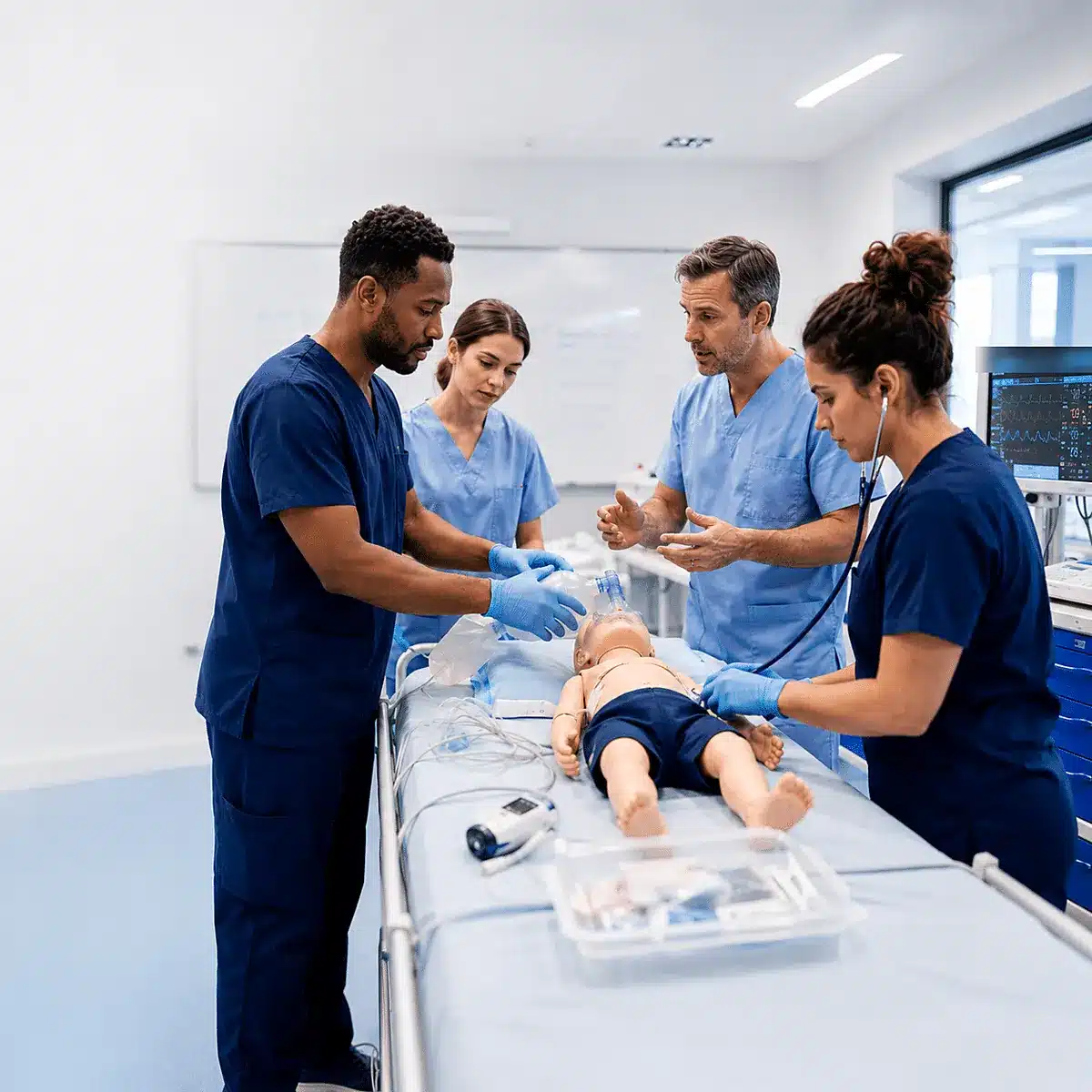 formation urgences vitales pédiatriques : équipe soignante en simulation autour d'un mannequin nourrisson, ventilation à l'insufflateur